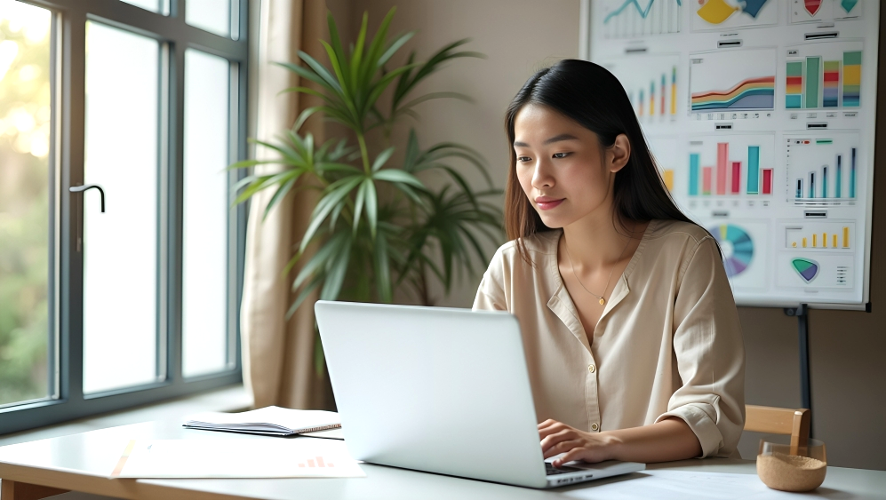 A young girl using a laptop to create digital products, symbolizing the journey of turning skills into a passive income empire.