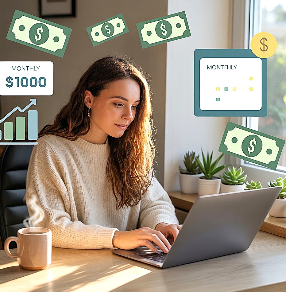 A young lady working from home and earn money.